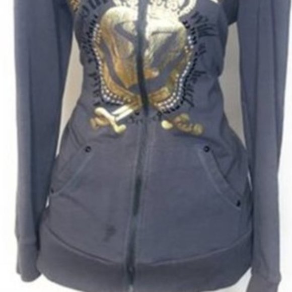 SEVEN7 Women's Size Small Gray Embellished Gold Crown Zipped Hoodie Jack… - Picture 6 of 6